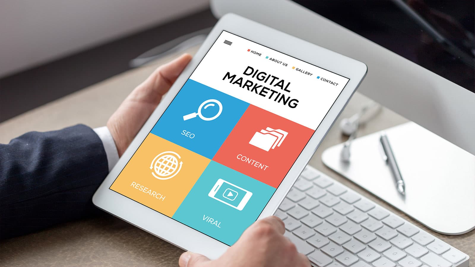Digital marketing dashboards on a violet gradient