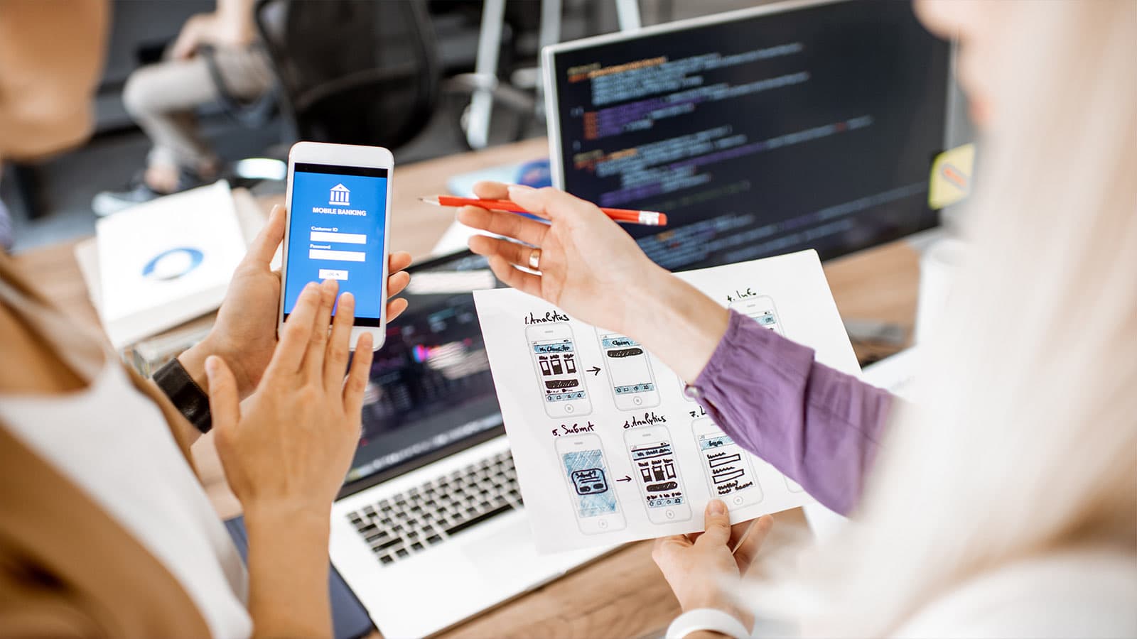Website and app interfaces on a cyan gradient