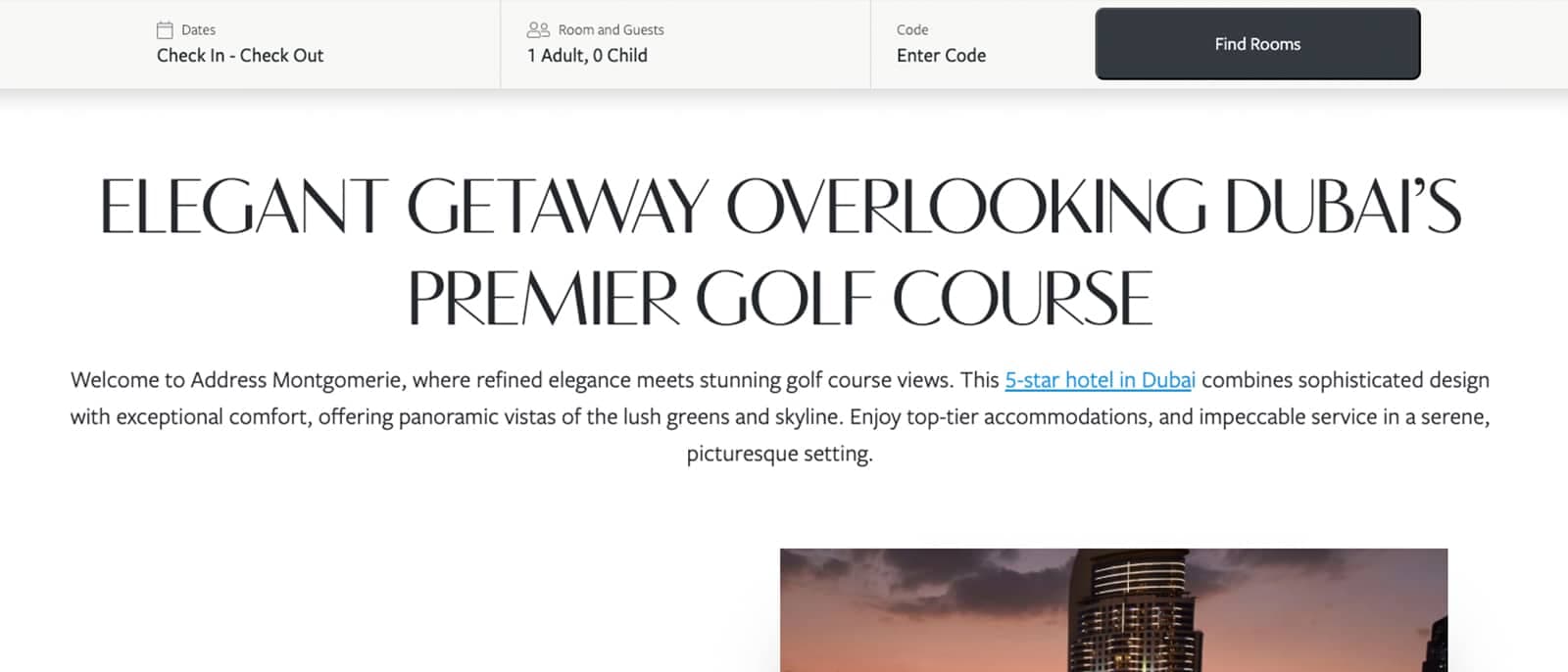 Booking bar and 'elegant getaway overlooking Dubai's premier golf course' intro
