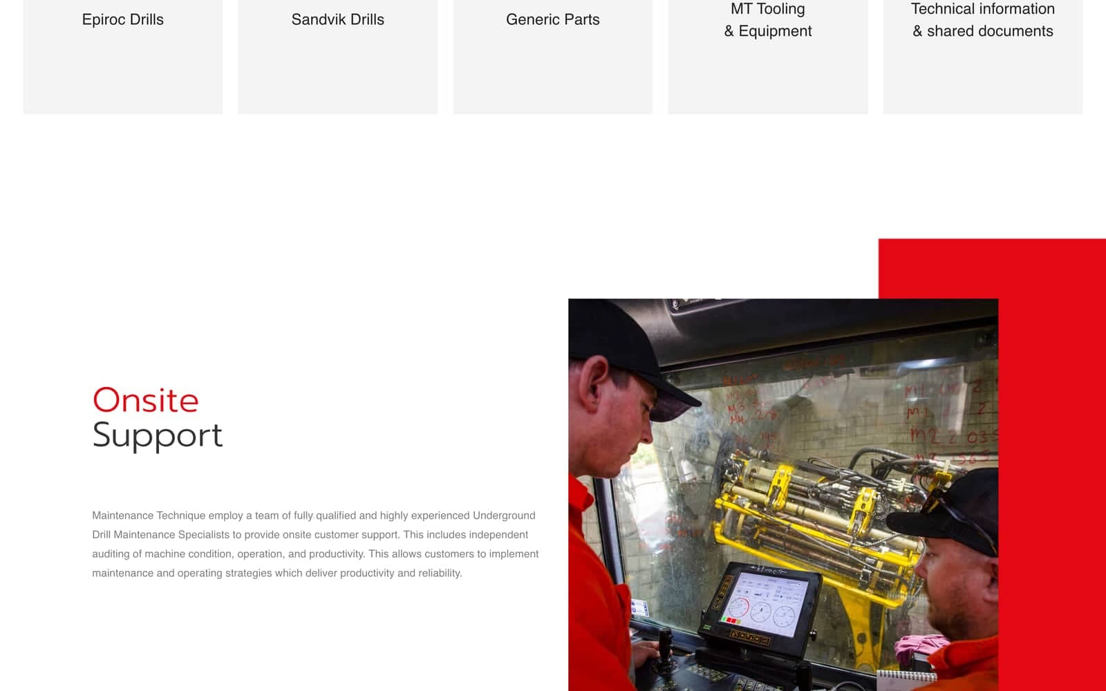 Parts by brand — Epiroc, Sandvik and MT tooling — plus onsite support