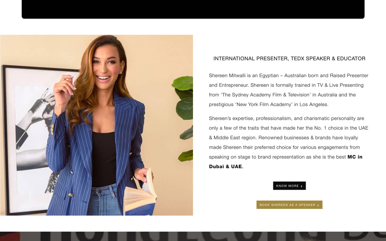 Showreel and 'International Presenter, TEDx Speaker & Educator' bio section